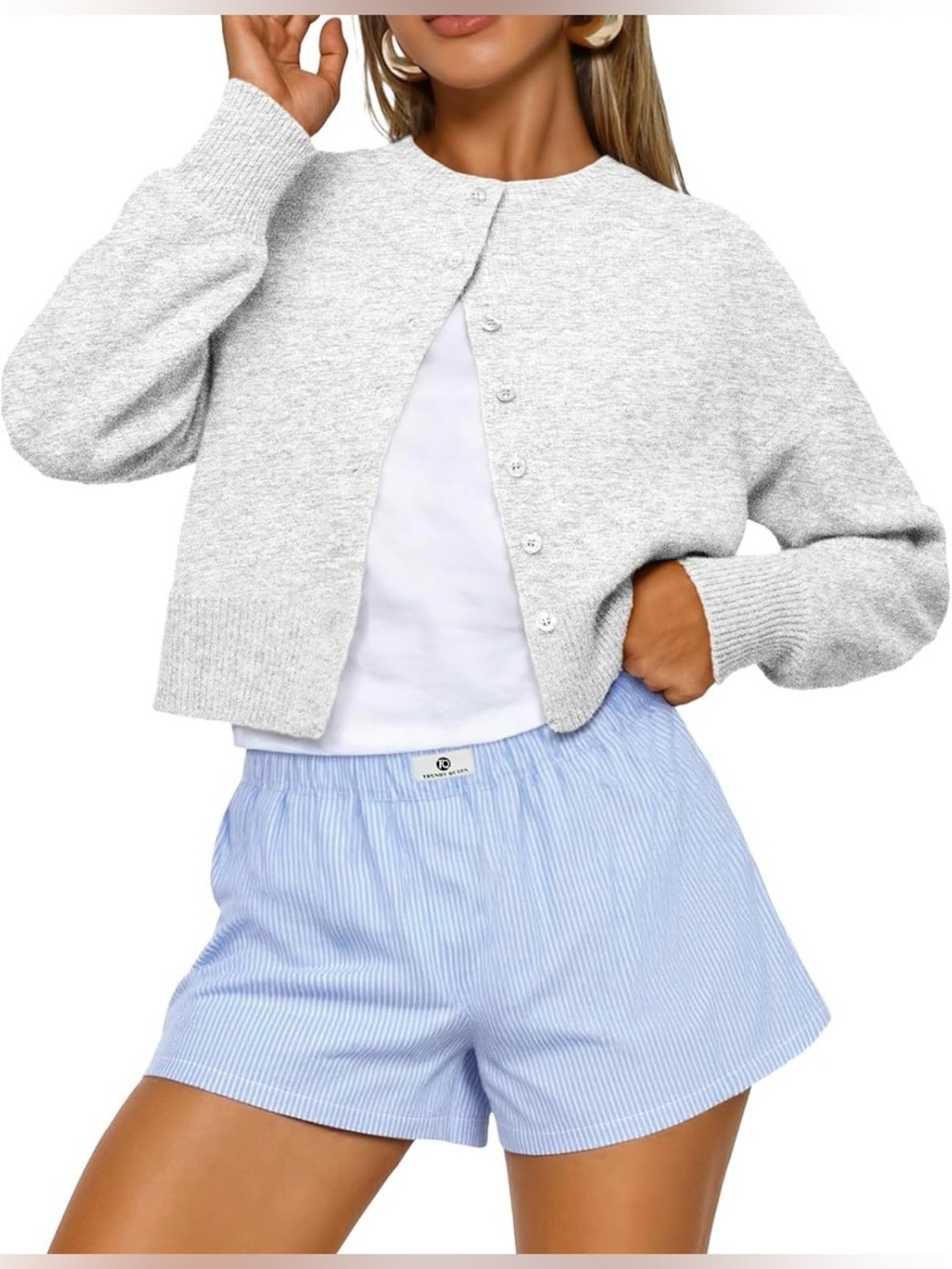 Crewneck Button-Front Cardigan Cropped Sweater